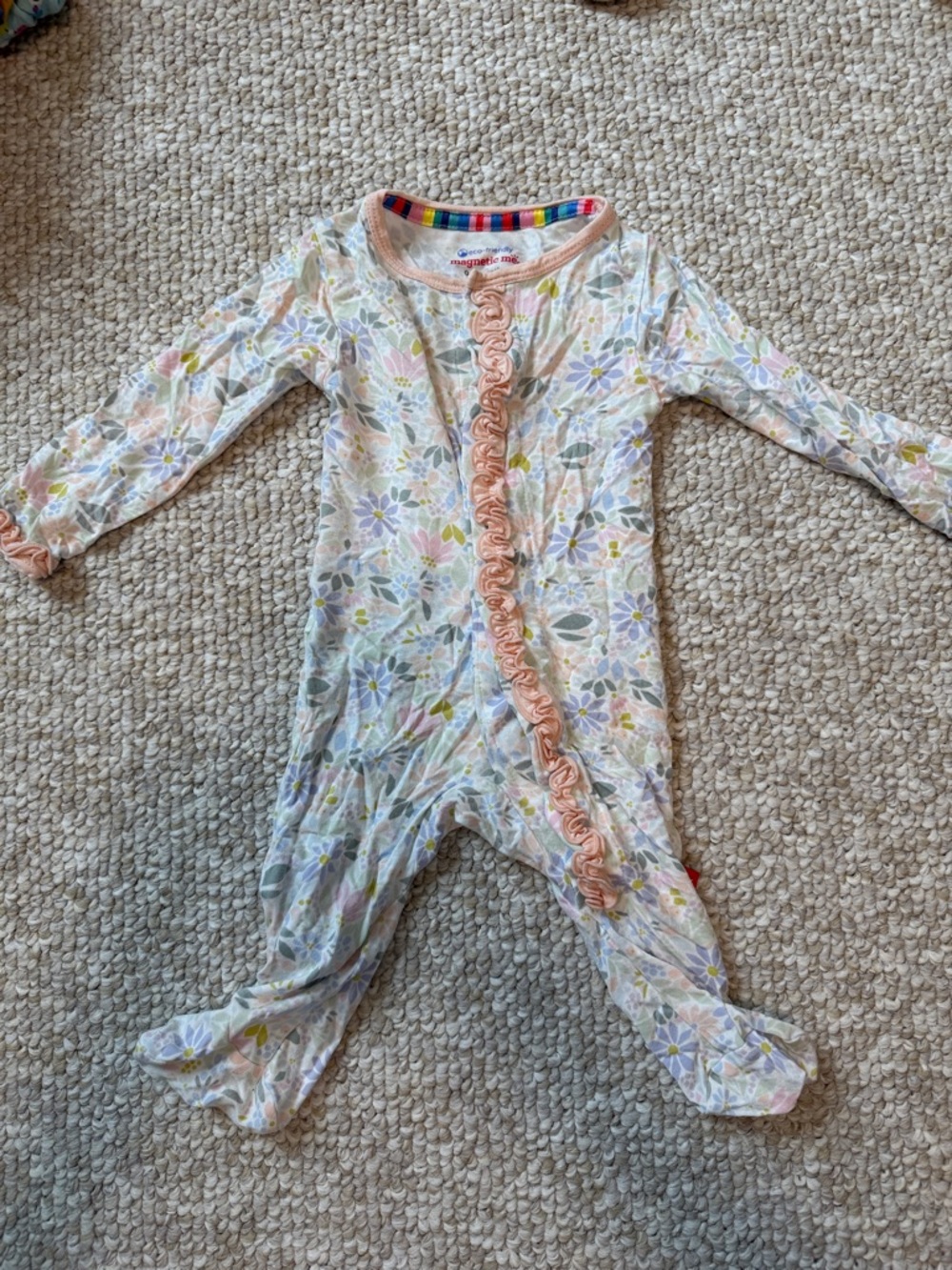Magnetic Me Pastel Floral Ruffle-Trim One-Piece Footie - Peach Trim